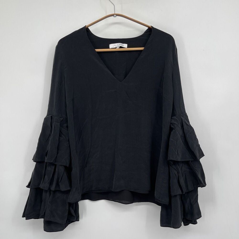 Alexis V-neck long-sleeve blouse in black silk with ruffled cuffs Sz M